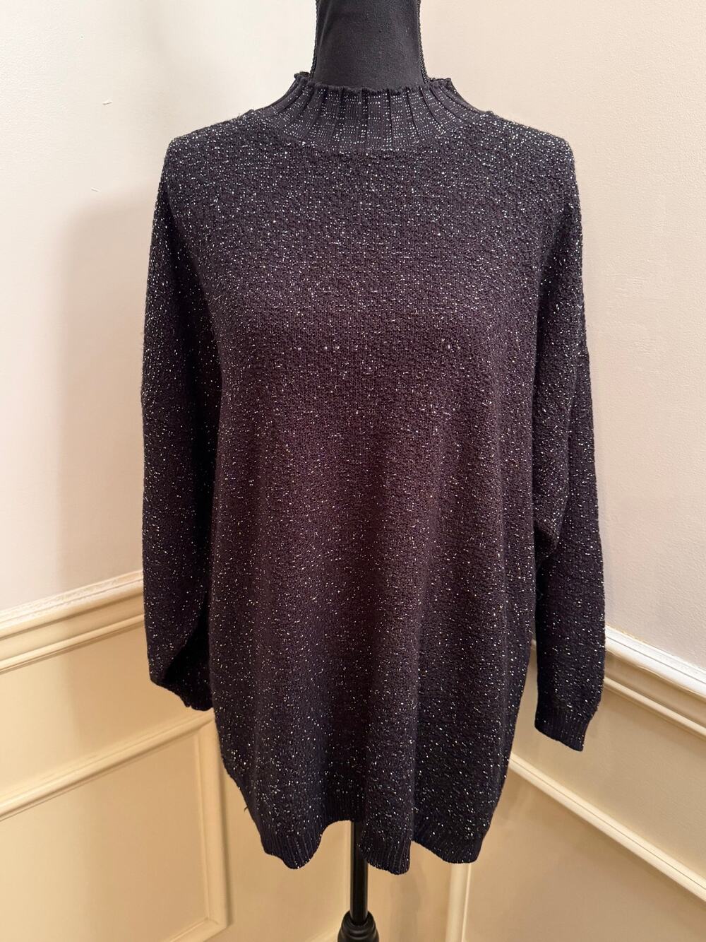 Vintage American Pride Knit Sparkle Sweater Plus Black Silver Lurex Made in USA